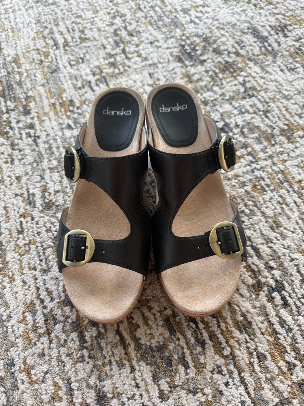 Dansko Black Leather Double-Buckle Slide Mules
